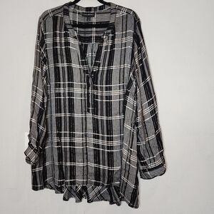 Lane Bryant Gold Metallic Black Grey Plaid Popover Button Shirt Peplum Back 3X